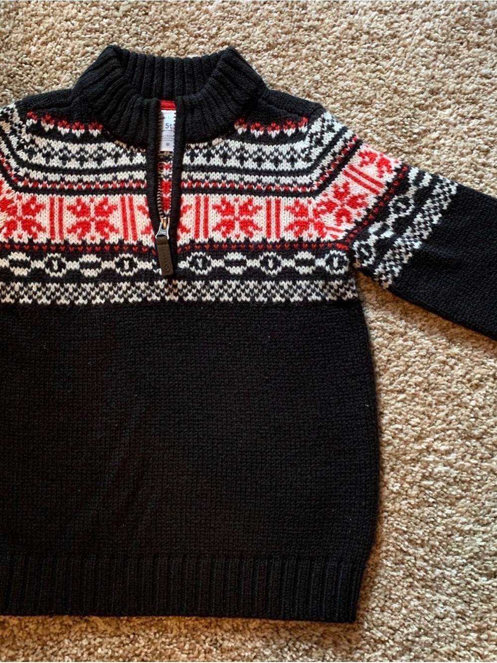 Black Fair Isle Half-Zip Sweater with Red and White Pattern size 5t carters